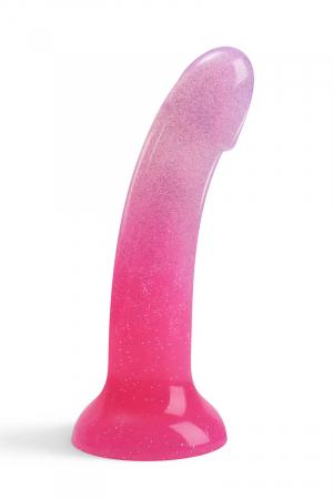 Dildo haute qualité, rose dégradé avec paillettes, en  silicone liquide, 14,8 x 3,5 cm, Compatible avec les harnais O ring.