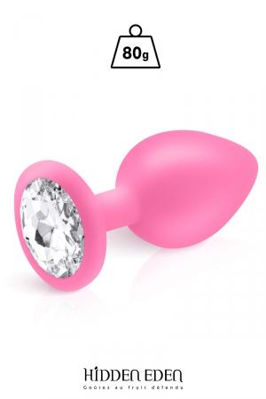 Plug anal en silicone rose dune longueur de 9,3 cm et dun diamètre moyen de 4,3 cm. Décoré dun strass rond transparent.
