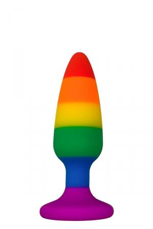 Petit plug anal en silicone, 9 x 2,4 cm, doté d'une ventouse puissante, aux couleurs du Raimbow flag LGBTQ+.