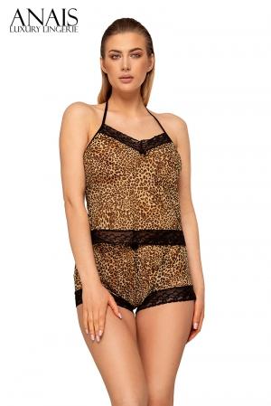 Ensemble de lingerie d'intérieur shorty et caraco en tulle léger imprimé léopard, bordé de dentelle noire.