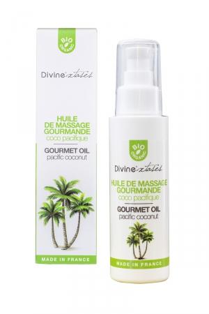 Huile de massage érotique parfum Noix de coco, 100% bio, fabriquée en France par Divinextases.