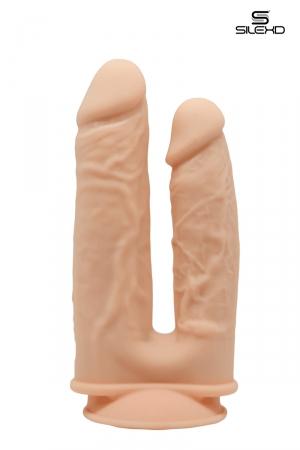 Double gode réaliste Premium en silicone double densité (Long 19,5 et 17,5 cm / Diam 4,5 et 3,7 cm) pour les amatrices de doubles pénétrations.