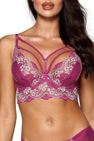Soutien-gorge bustier en dentelle fuchsia brodée de blanc, délicieusement élégant et original.