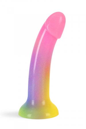 Dildo haute qualité, multicolore avec des paillettes, en silicone liquide, 14 x 3,6 cm, Compatible avec les harnais O ring.