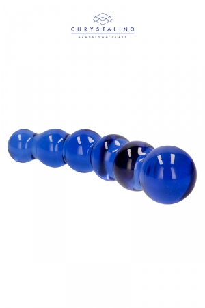 Godemiché artisanal bleu translucide en verre de borosilicate incassable, forme idéale pour le sexe anal, dimensions 18,5 x 4,3 x 4,3 cm.