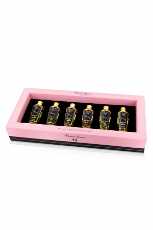 Coffret cadeau Prestige avec 6 huiles de massages sèches Plaisir Secret aux parfums différents, le tout dans une luxueuse boite.