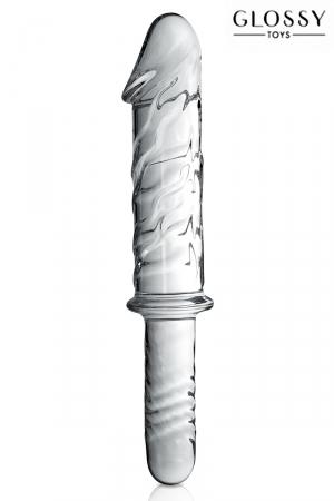 Luxueux dildo 28,5 x 5,5 cm, en verre translucide incassable et muni d'une poignée.