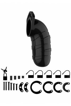 Cage de chasteté masculine ajustable, noire, longueur 14 cm, adaptée aux verges de grande taille, par ManCage.