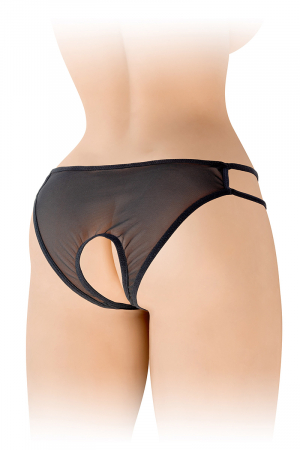 Culotte coquine noire en résille transparente, ouverte entre les cuisses et sur le bas des fesses, par Fashion Secret.