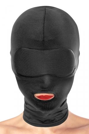 Cagoule fetish en spandex, avec ouverture au niveau de la bouche pour laisser votre soumis(e) s'exprimer et vous gâter.