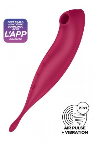 Sextoy féminin 2 en 1 spécial clitoris. Un côté propose une stimulation précise par vibrations, l'autre par ondes de pression.