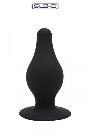 Plug anal en silicone premium double densité, thermo réactif et à mémoire de forme, dimensions 9,3 x 4 cm.