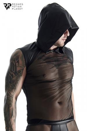 T-shirt noir en mesh avec capuche et épaules en wetlook fabriqué en Europe par Regnes Fetish Planet.