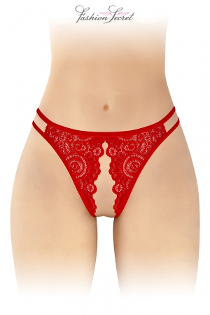 Culotte sexy rouge en dentelle ouverte avec deux bandes sur les hanches fabriquée par Fashion Secret