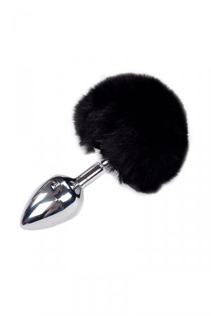 Plug anal en métal, modèle Medium 8 x 3,5 cm, forme lisse, surmonté d'un pompon noir en fourrure synthétique.