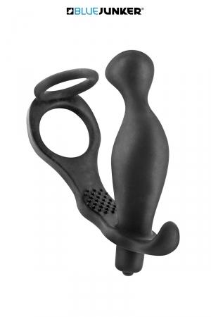 Sextoy pour homme, marque Blue Junker, alliant un stimulateur anal vibrant et un double cockring pour le pénis et les testicules.