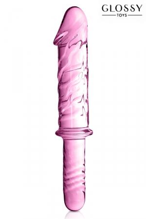 Luxueux dildo 28,5 x 5,5 cm, en verre rose translucide incassable et muni d'une poignée.