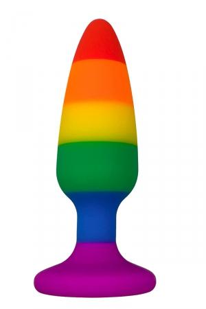 Grand plug anal en silicone, 13,1 x 3,9 cm, doté d'une ventouse puissante, aux couleurs du Raimbow flag LGBTQ+.