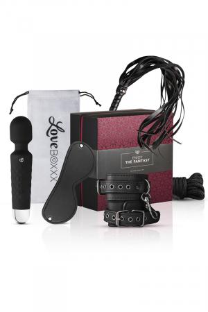 Coffret Loveboxxx avec 6 accessoires BDSM : menottes, bandeau, fouet, corde de bondage, vibro et sac de rangement.