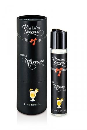 Huile de massage comestible avec goût pina colada exquis, par Plaisirs Secrets.