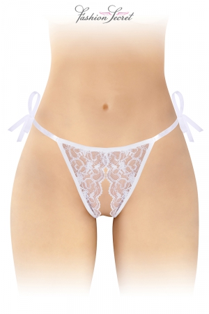 String ouvert Stella blanc de chez Fashion Secret, string sexy en dentelle largement ouvert et à nouer