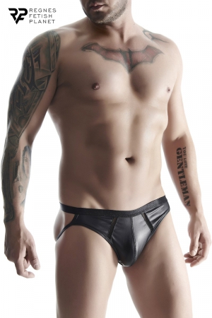 Superbe jockstrap en tissu wetlook ouvert sur les côté de la coque pour un effet moderne et masculin. Fabriqué en Europe par la marque Regnes.