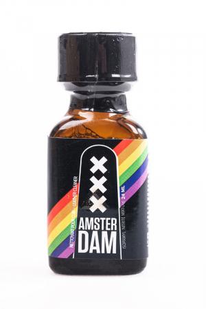 Le poppers Amsterdam XXX à base d'IsoAmyl, aux couleurs de la pride, en flacon de 24 ml.