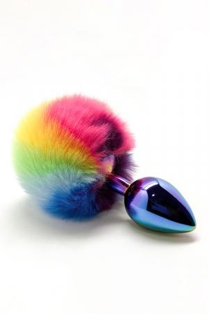 Plug anal en métal, modèle Large 9 x 4 cm, surmonté d'un pompon en fourrure synthétique, plug et pompon couleur Raimbow Flag.