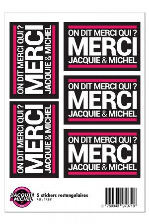 Planche de 5 autocollants rectangulaires Jacquie & Michel (dimensions 5 x 8 cm) à coller où vous voulez.