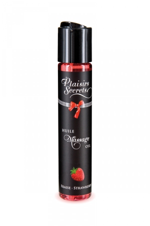 Huile de massage comestible avec goût fraise exquis, par Plaisirs Secrets.