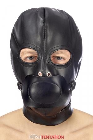 Cagoule BDSM haute qualité en simili cuir, avec bâillon amovible et ouverture pour les yeux.