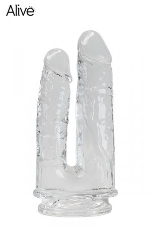 Double gode avec ventouse en Jelly translucide (19 et 17 cm  x 4,3 et 3,3 cm) pour les amatrices de doubles pénétrations.