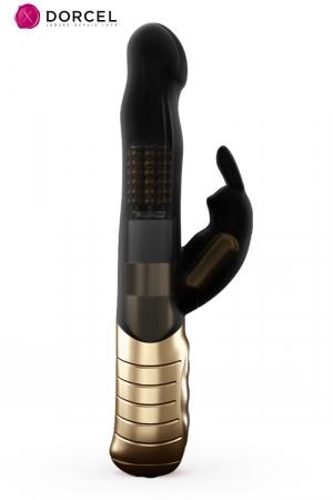 Le mini vibro Rabbit multi-stimulation point G et clitoris de Dorcel en version 2.0 rechargeable et étanche. Coloris noir et doré.